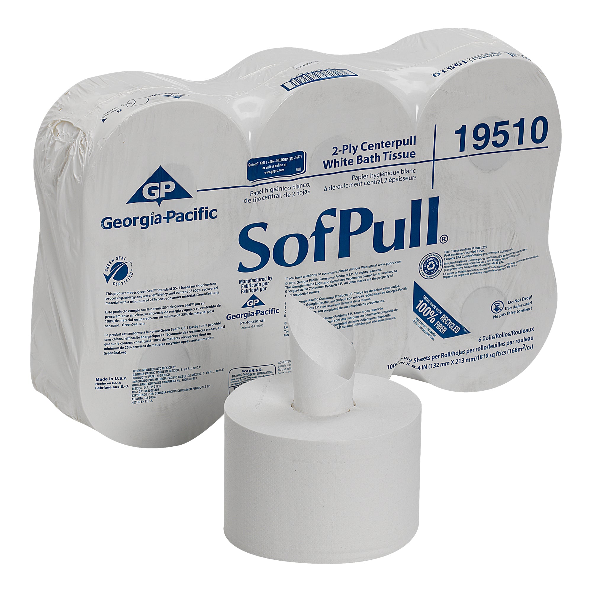 נייר טואלט בעלת קיבולת גבוהה דו-שכבתית SOFPULL® CENTERPULL מבית GP PRO (ג'ורג'יה פסיפיק), לבן, (6 גלילים של 213.36 מטרים סהכ 1280.16 מטרים) 6,000 גליונות למארז