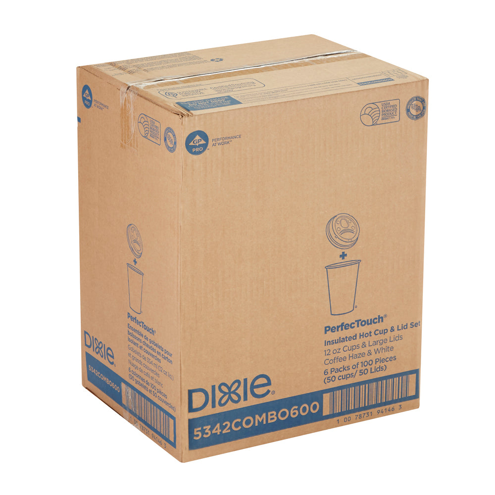ערכות כוסות ומכסים קפה חם מנייר מבודד DIXIE® PERFECTOUCH® 12 OZ מבית GP PRO, קפה ערפל קפה, 300 כוסות ו -300 מכסים לכל מארז