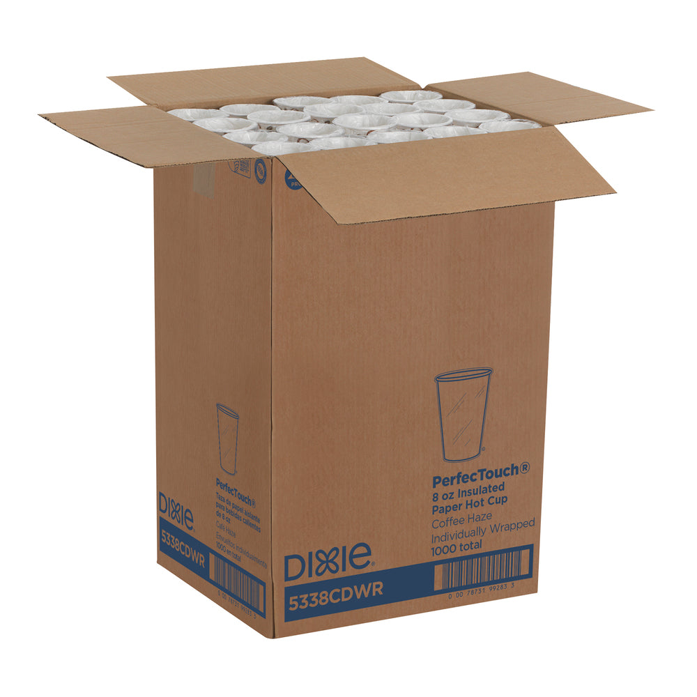 DIXIE® PERFECTOUCH® 8 OZ כוסות קפה חמות מנייר מבודדות עטופות בנפרד, מתאימות למכסים קטנים, ערפל קפה, 1,000 כוסות/מארז