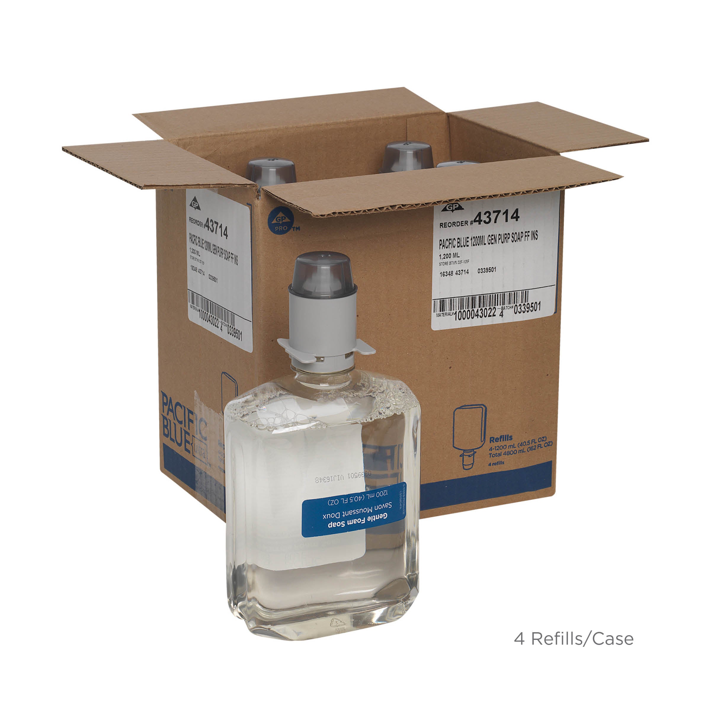 סבון ידיים מוקצף עדין PACIFIC BLUE ULTRA™ למתקנים ידניים מבית GP PRO, נטול ריח, ללא צבע, (4 בקבוקים של 1,200 mL סהכ 4,800 mL)