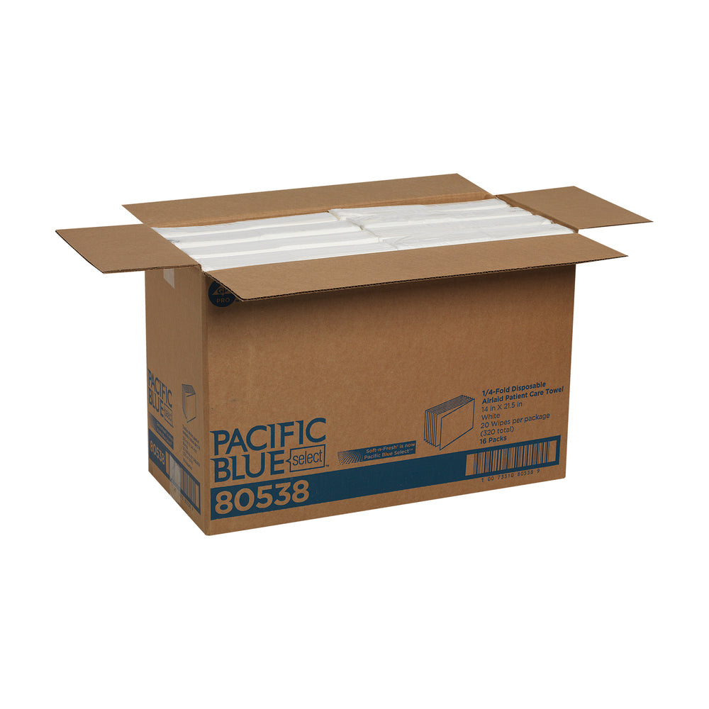 PACIFIC BLUE BASIC™ A400 מגבות יד חד פעמיות לטיפול בחולים מבית GP PRO, קיפול 1/4, לבן, (16 חבילות של 20 מגבות סהכ 320 מגבות)