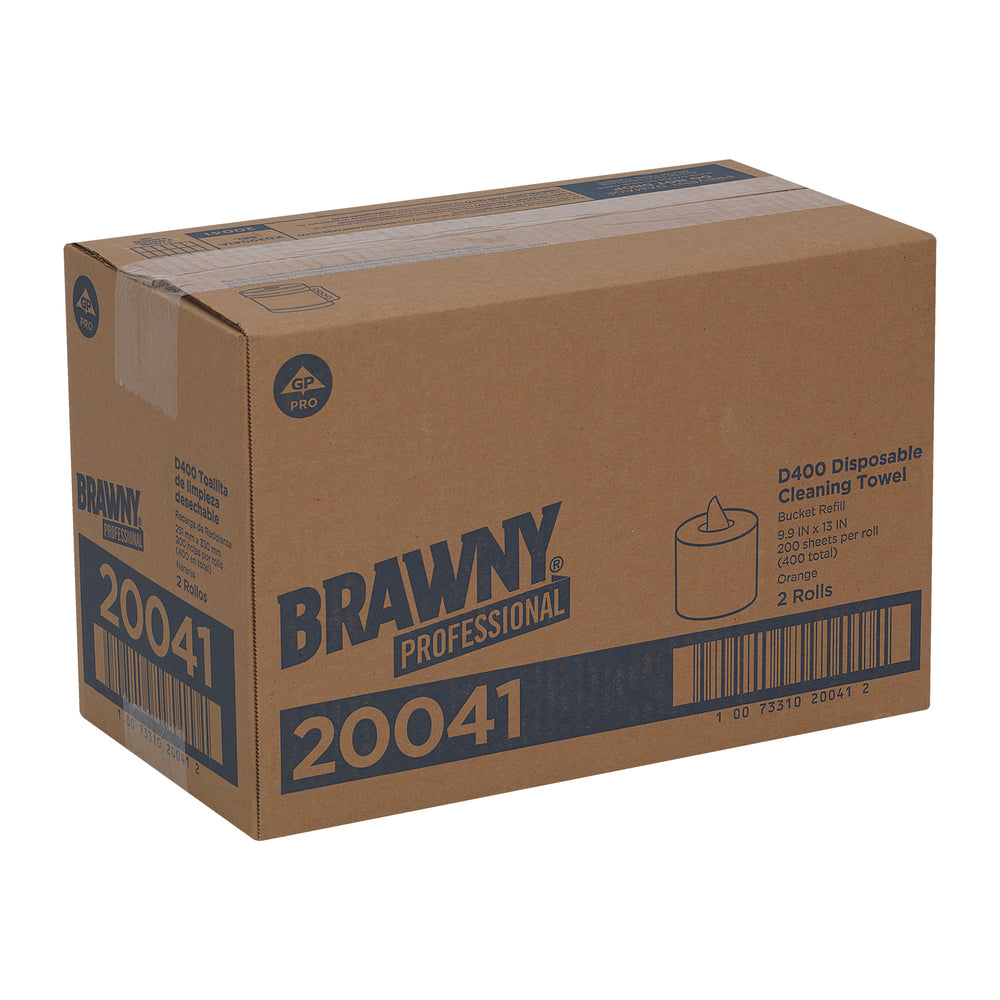 מגבות ניקוי חד פעמיות BRAWNY® PROFESSIONAL D400 מבית GP PRO, מילוי לדלי מרכזי 20040, כתום, (2 גלילים של 272.42 מטר סהכ 544.83 מטר) 400 מגבות למארז