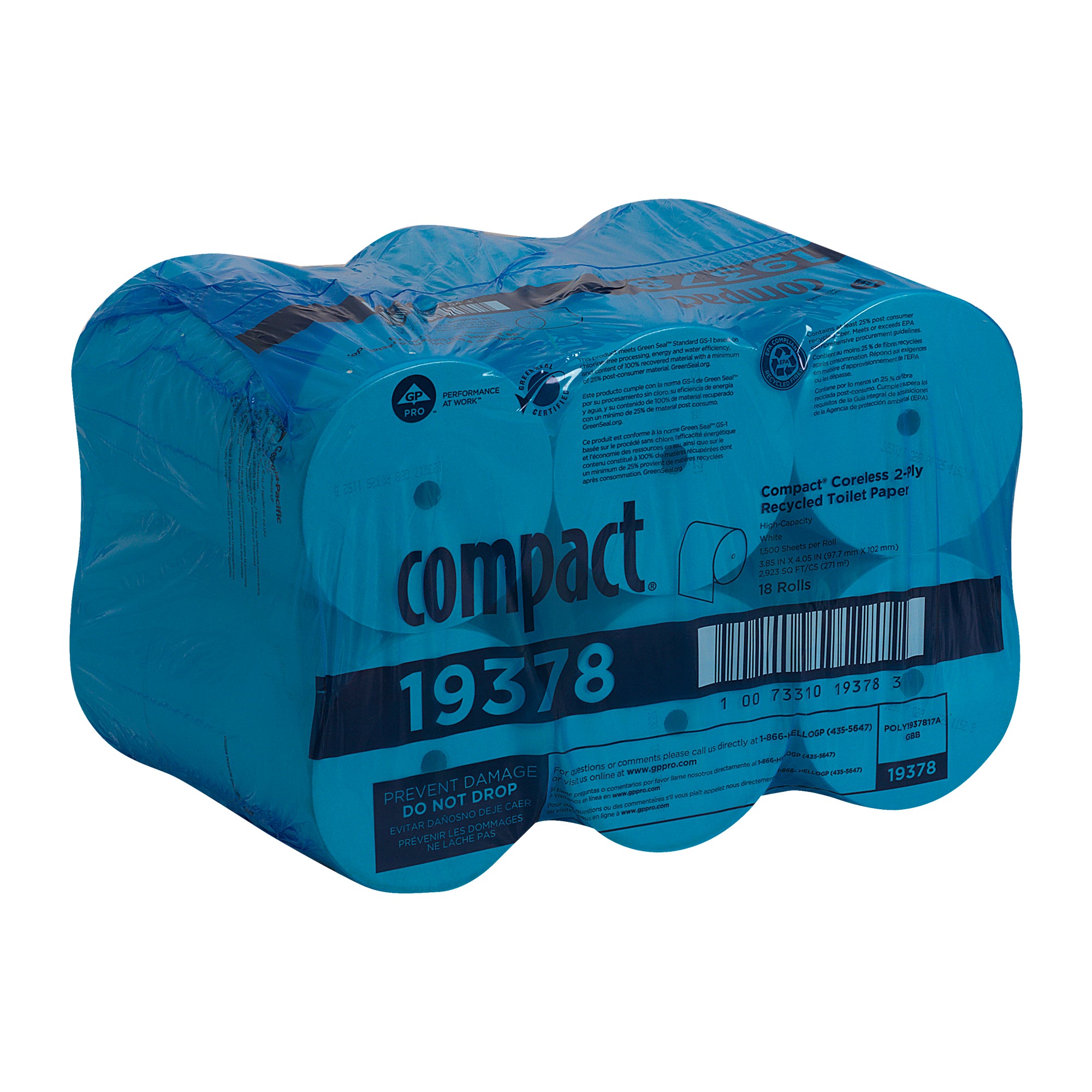 נייר טואלט ממוחזר דו-שכבתי Compact® ללא ליבות מבית GP PRO (ג'ורג'יה פסיפיק), (18 גלילים של 152.40 מטר סהכ 2743.20 מטר) 27000 גליונות למארז