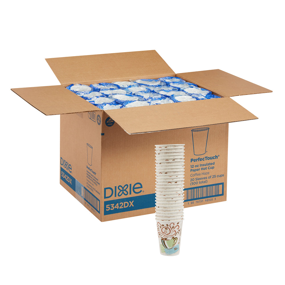 כוסות קפה חם מנייר מבודד DIXIE® PERFECTOUCH® 12 OZ מבית GP PRO (ג'ורג'יה פסיפיק), מתאימות למכסים גדולים, ערפל קפה, 500 כוסות לכל מארז