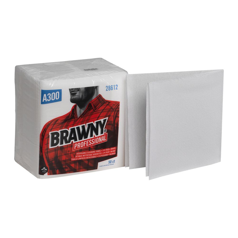 מגבת ניקוי חד פעמית GP PRO BRAWNY מקצועית A300, קיפול 1/4, לבן, (18 חבילות של 50 סהכ 900 מגבות)