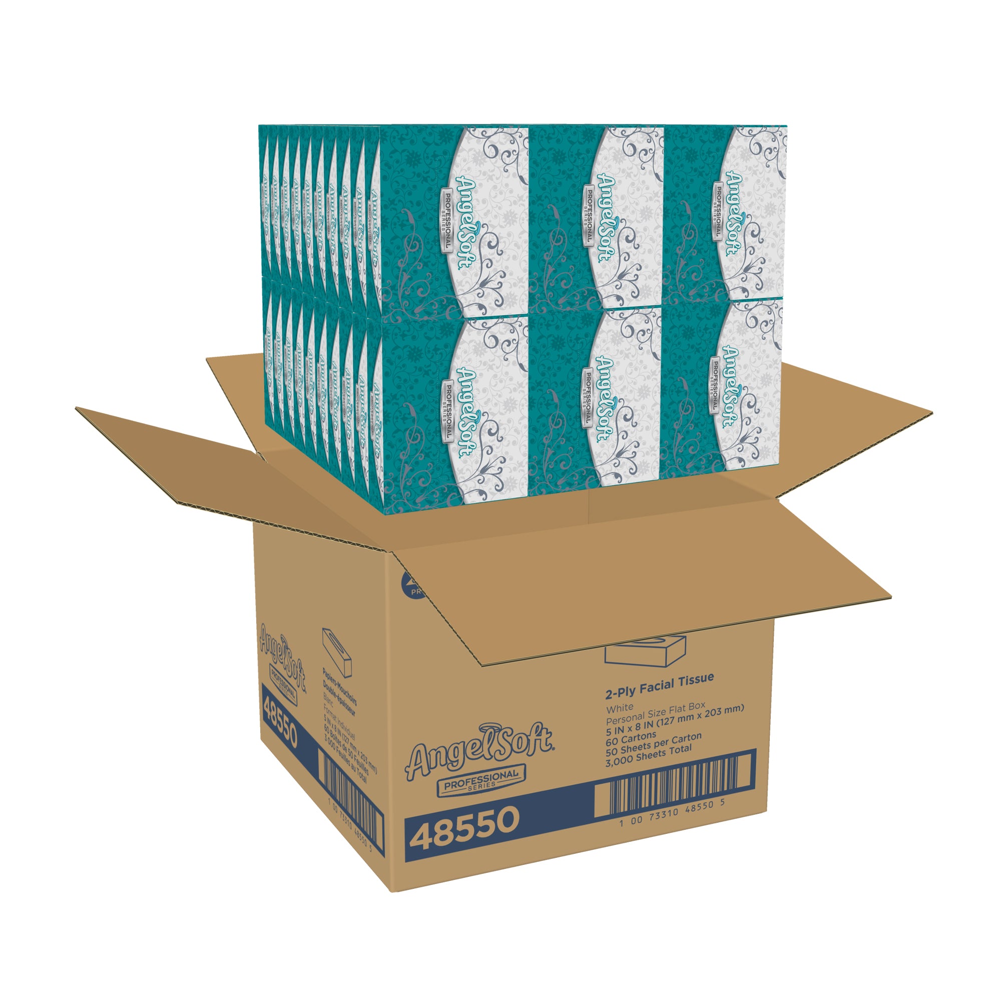 רקמת פנים דו-שכבתית מהסדרה המקצועית של ®Angel Soft Professional מאת GP PRO (ג'ורג'יה פסיפיק), קופסה שטוחה בגודל אישי, (60 קופסאות של 50 גליונות סהכ 3,000 גליונות)