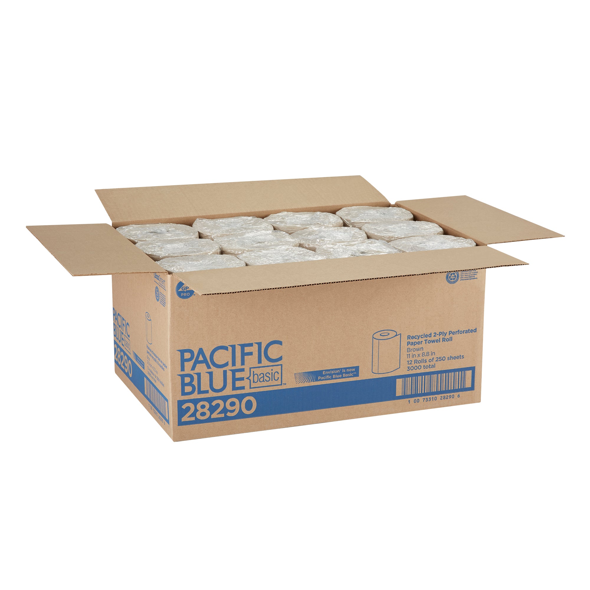 מגבת גליל נייר מחוררת ממוחזרת דו שכבתית PACIFIC BLUE BASIC™ מבית GP PRO, חומה, (12 גלילים של 55.88 מטר סהכ 670.56 מטר) 3000 גליונות למארז