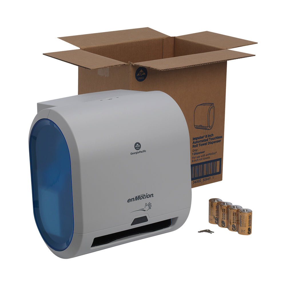 מתקן מגבות נייר אוטומטי ללא מגע בעל גליל אחד ENMOTION® IMPULS® 8 מבית GP PRO (ג'ורג'יה פסיפיק), אפור