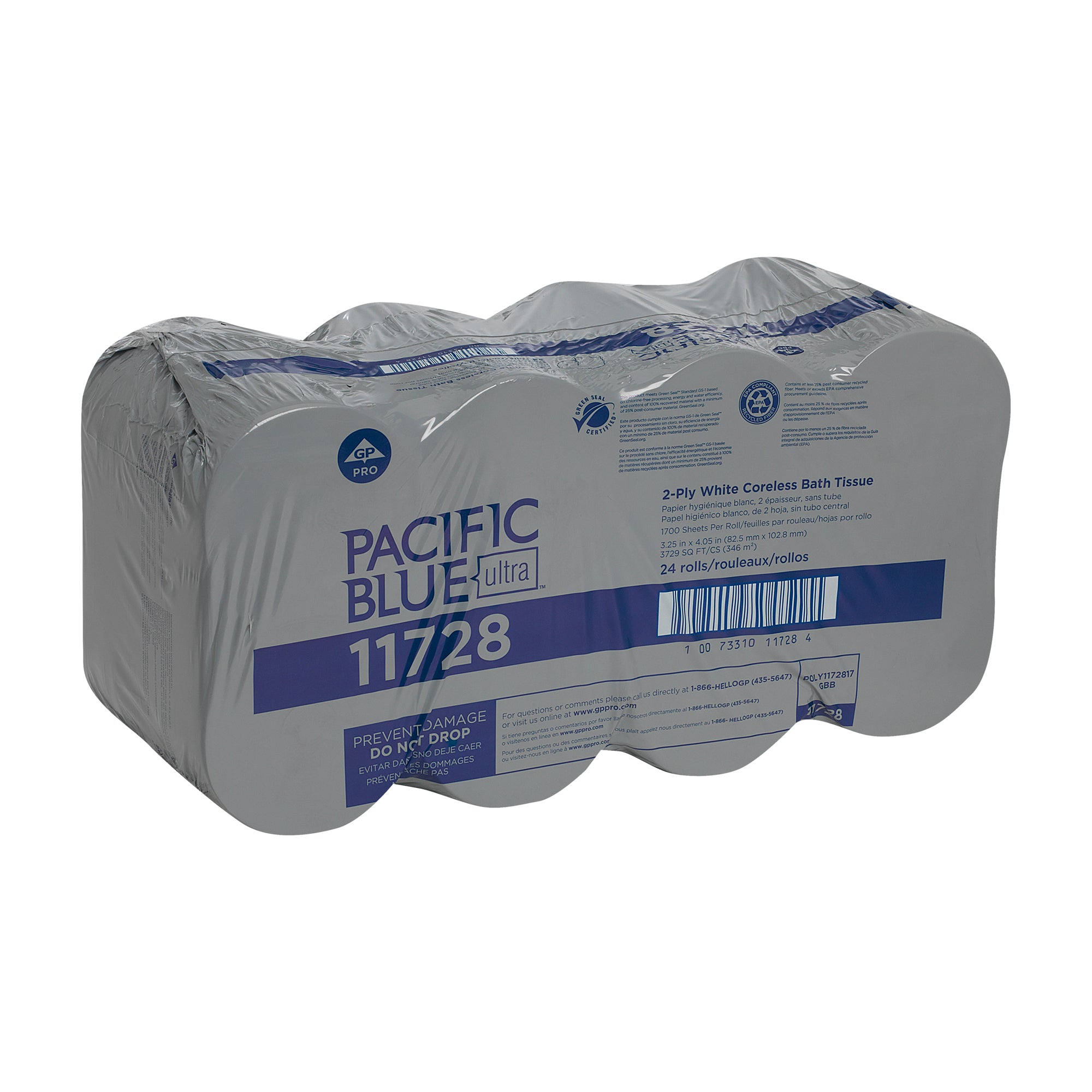נייר טואלט דו שכבתי ללא ליבה PACIFIC BLUE ULTRA™ מבית GP PRO (ג'ורג'יה פסיפיק), לבן, (24 גלילים של 174.96 מטר סהכ 4198.92 מטר) 40800 גליונות למארז