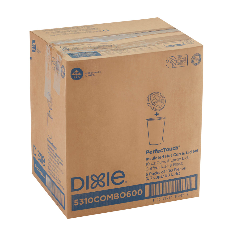ערכות כוסות ומכסים קפה חם מנייר מבודד DIXIE® PERFECTOUCH® 10 OZ מבית GP PRO, קפה ערפל קפה, 300 כוסות ו -300 מכסים לכל מארז