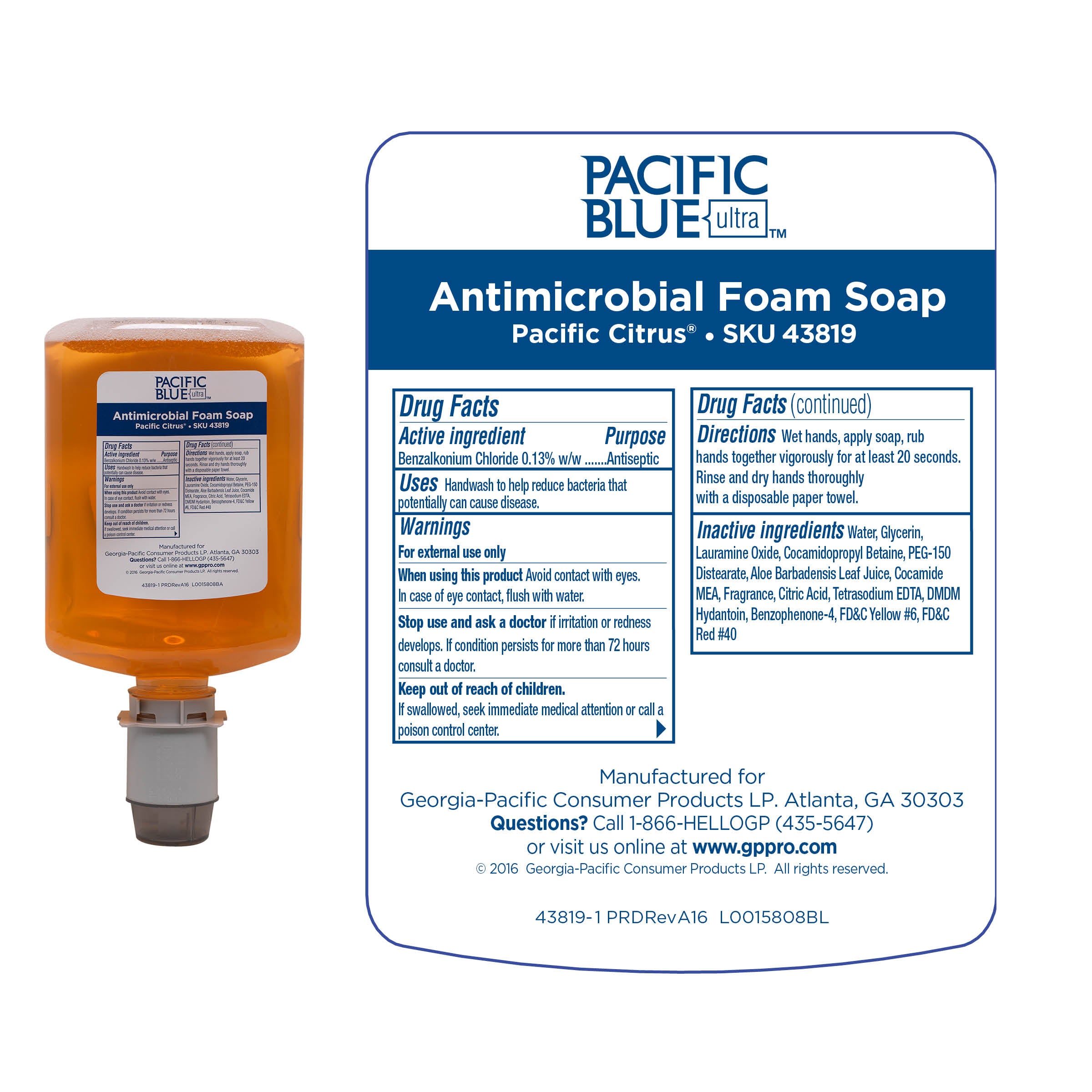 סבון קצף BZK אנטי-מיקרוביאלי PACIFIC BLUE ULTRA™ למתקנים ידניים, הדרים, (4 בקבוקים של 1,200 mL סהכ 4,800 mL)