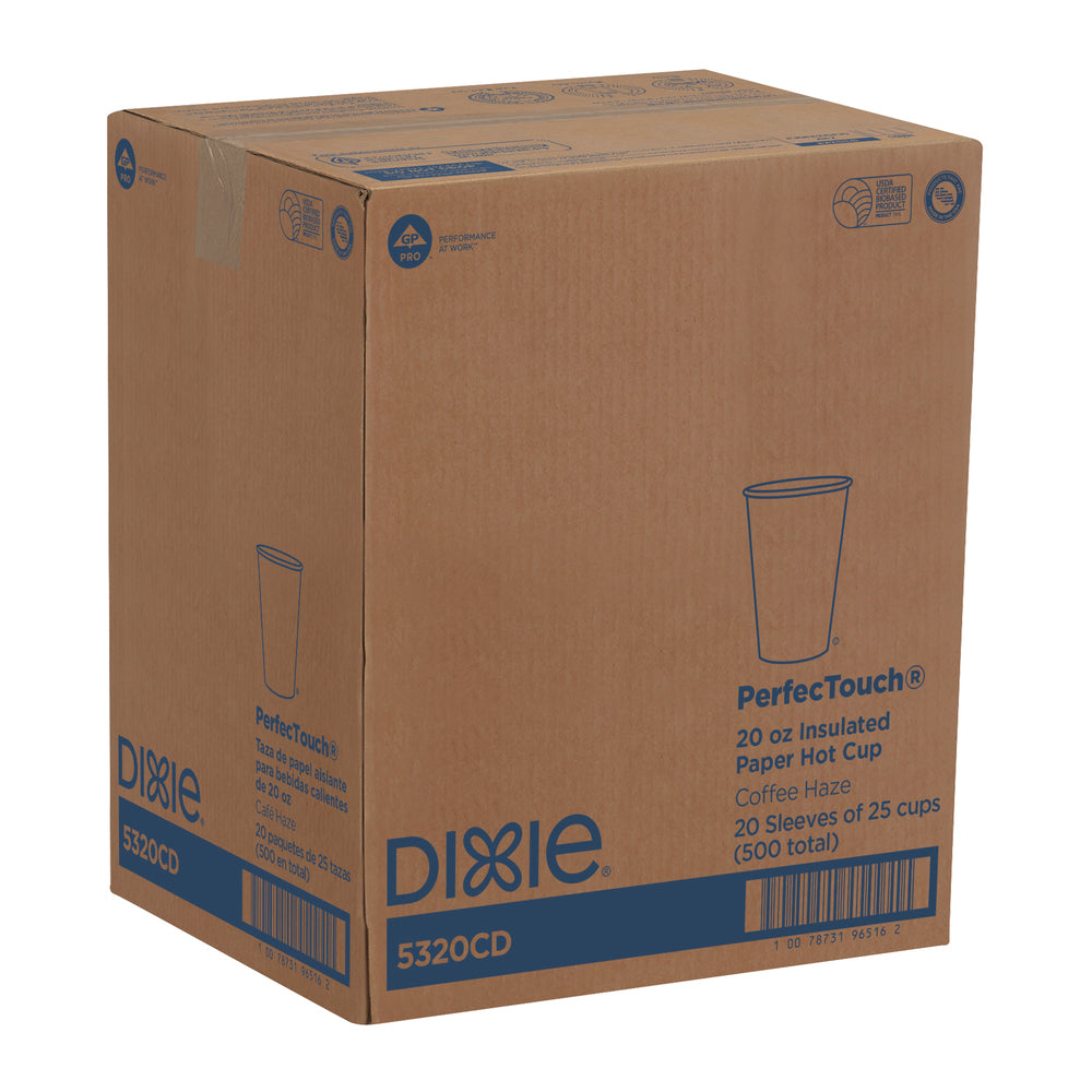 כוסות קפה חמות מנייר מבודדות DIXIE® PERFECTOUCH® 20 OZ מבית GP PRO (ג'ורג'יה פסיפיק), מתאימות למכסים גדולים, ערפל קפה, 500 כוסות לכל מארז
