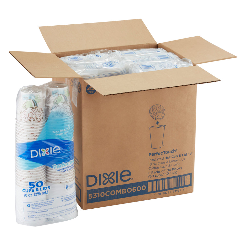 ערכות כוסות ומכסים קפה חם מנייר מבודד DIXIE® PERFECTOUCH® 10 OZ מבית GP PRO, קפה ערפל קפה, 300 כוסות ו -300 מכסים לכל מארז