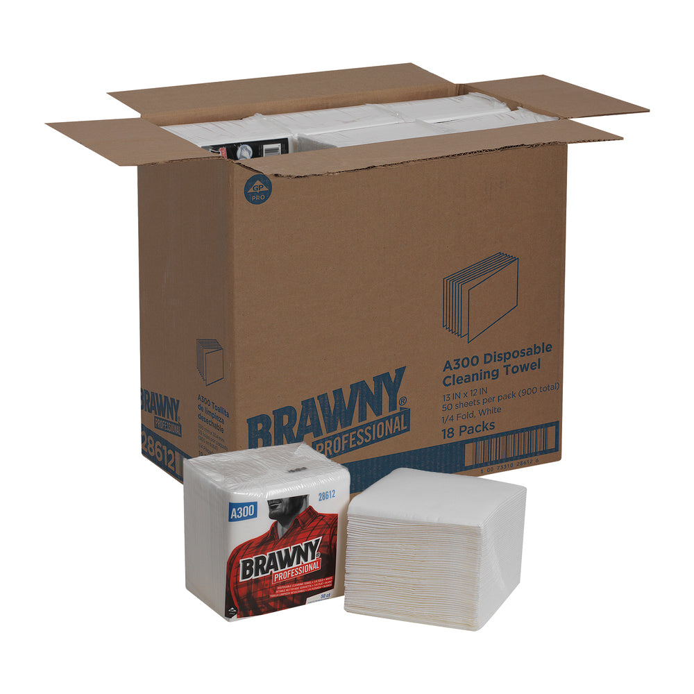 מגבת ניקוי חד פעמית GP PRO BRAWNY מקצועית A300, קיפול 1/4, לבן, (18 חבילות של 50 סהכ 900 מגבות)
