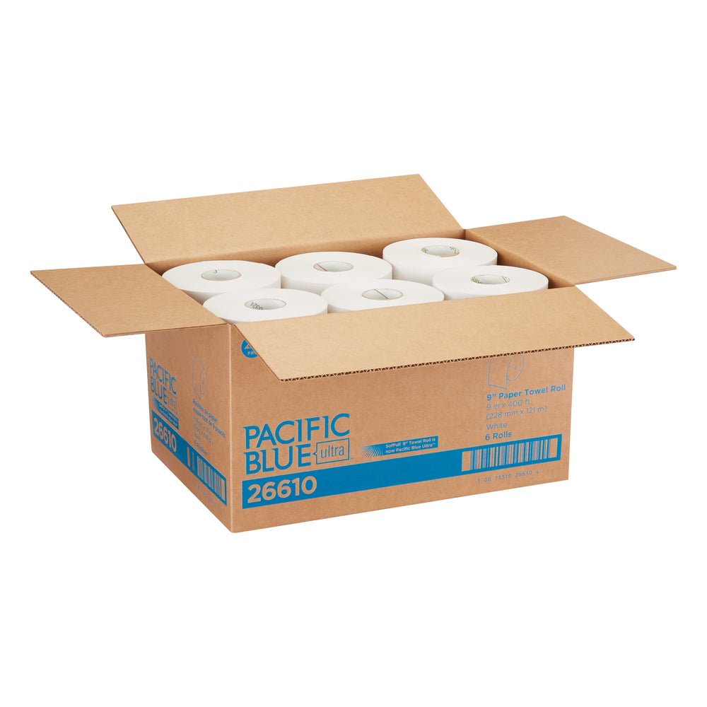גלילי מגבות נייר 9 אינץ' מסדרת Pacific Blue Mini™ מבית GP PRO (ג'ורג'יה פסיפיק), לבן, (6 גלילים של 121.92 מטרים סהכ 731.52 מטרים)