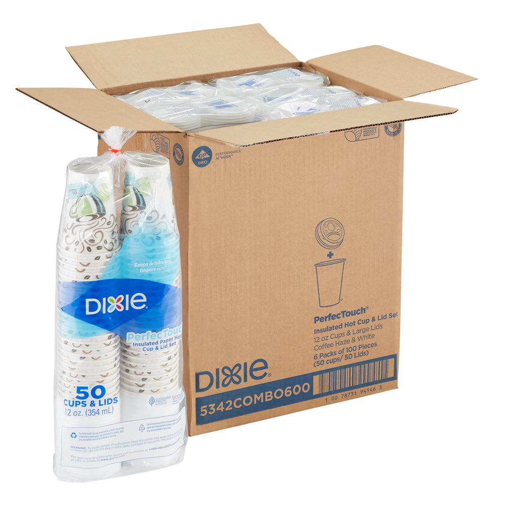ערכות כוסות ומכסים קפה חם מנייר מבודד DIXIE® PERFECTOUCH® 12 OZ מבית GP PRO, קפה ערפל קפה, 300 כוסות ו -300 מכסים לכל מארז