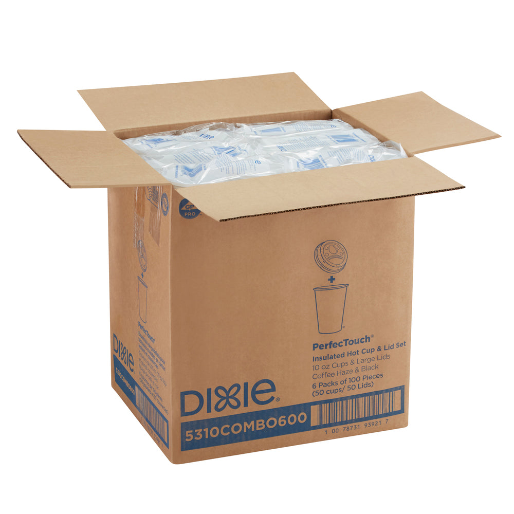 ערכות כוסות ומכסים קפה חם מנייר מבודד DIXIE® PERFECTOUCH® 10 OZ מבית GP PRO, קפה ערפל קפה, 300 כוסות ו -300 מכסים לכל מארז
