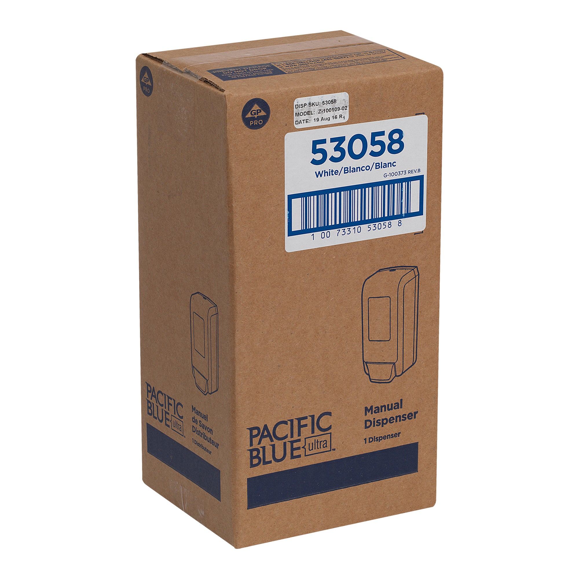 מתקן ידני המותקן על הקיר PACIFIC BLUE ULTRA™ לסבון ידיים מוקצף וחיטוי ידיים מאת GP PRO (ג'ורג'יה פסיפיק), לבן