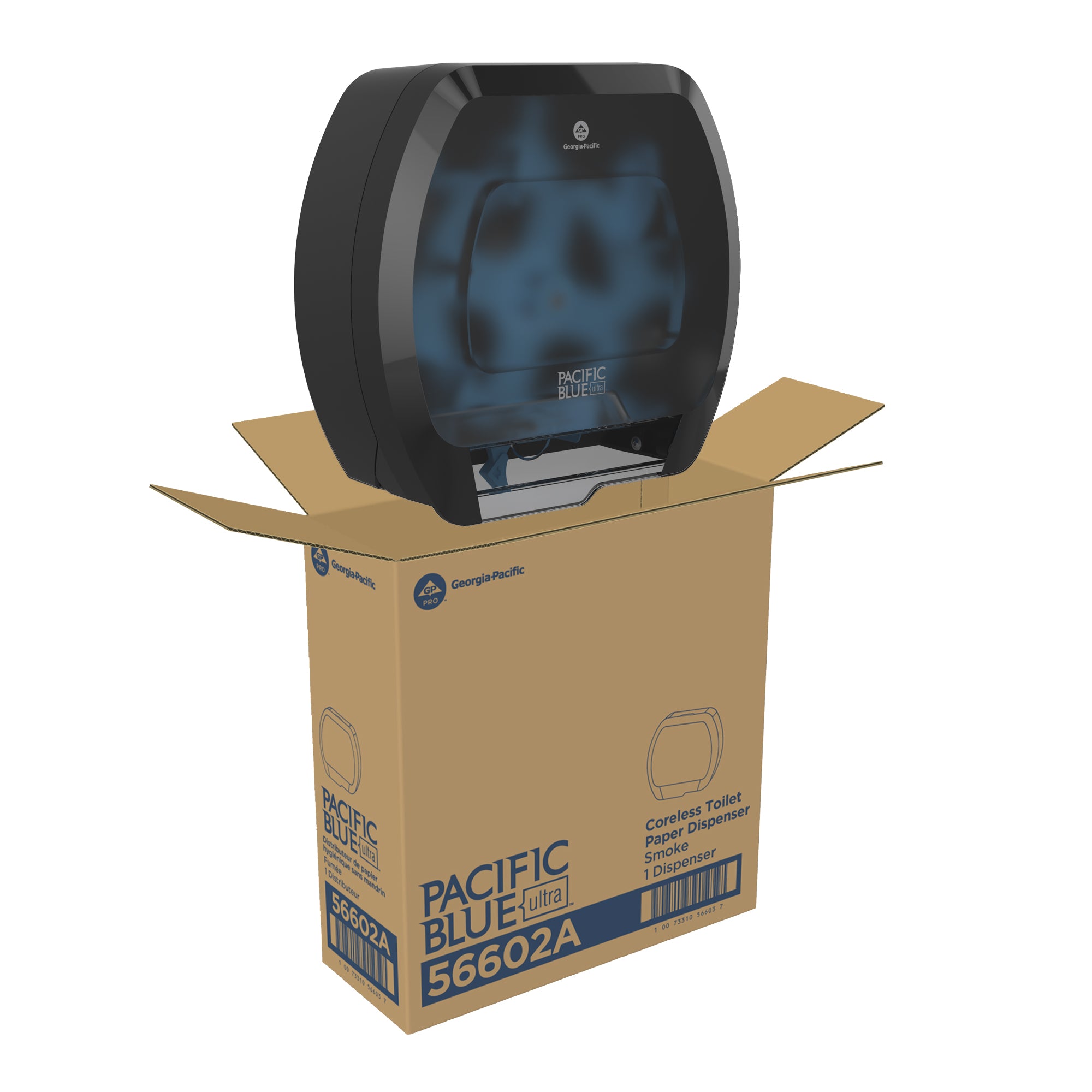 מתקן נייר טואלט בעל קיבולת גבוהה ללא ליבה PACIFIC BLUE ULTRA™ מבית GP PRO עם 4 גלילים, עשן, מתקן אחד