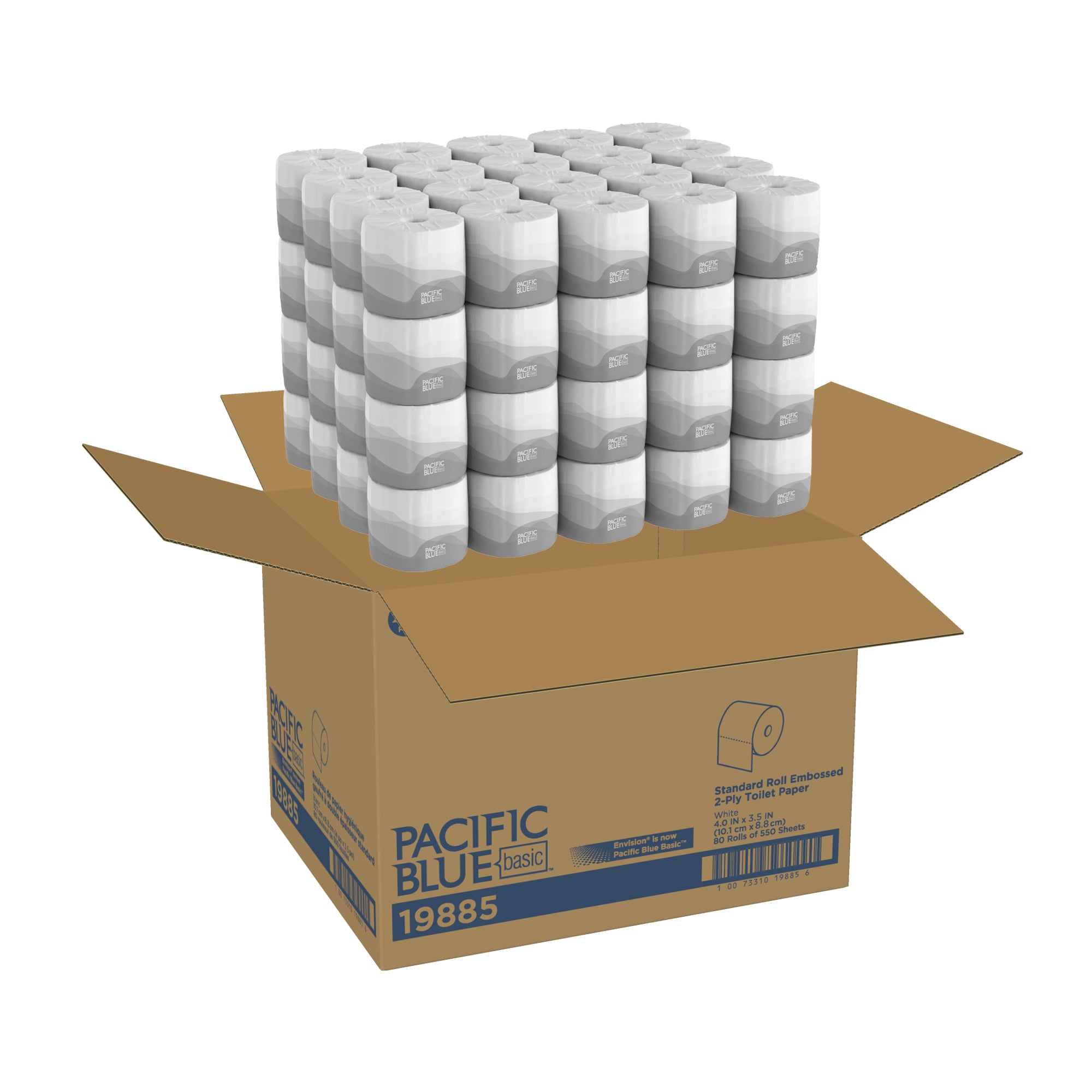נייר טואלט דו-שכבתי עם גליל בסיסי PACIFIC BLUE BASIC™ מבית GP PRO (ג'ורג'יה פסיפיק), (80 גלילים של 48.77 מטרים סהכ 3901.44 מטרים) 44,000 גליונות למארז