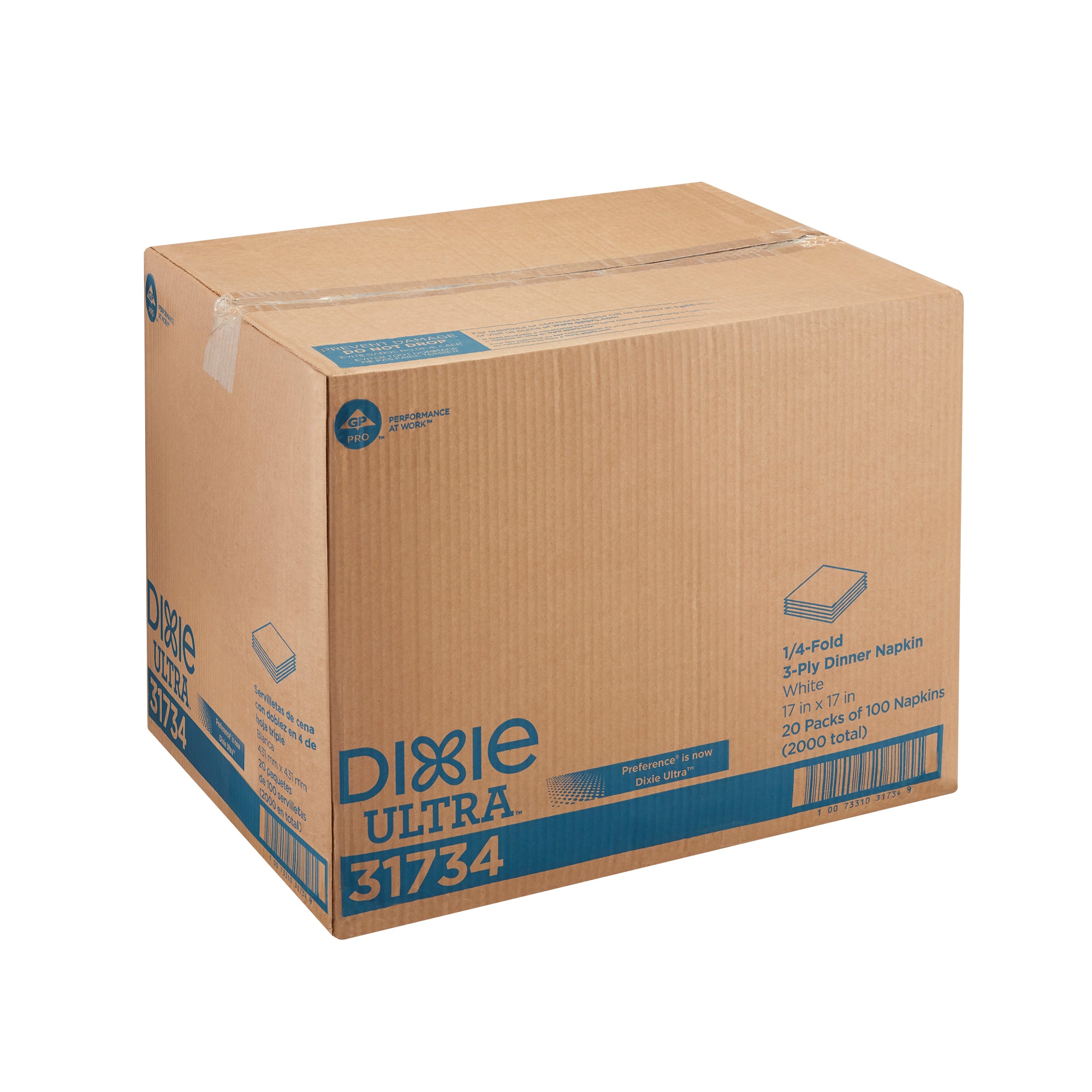 מפית ארוחת ערב בעלת 3 שכבות של DIXIE ULTRA® קיפול 1/4 מבית GP PRO, גודל 16.9 ˟ 16.9 אינץ', לבן, 2,000 מפיות לכל מארז