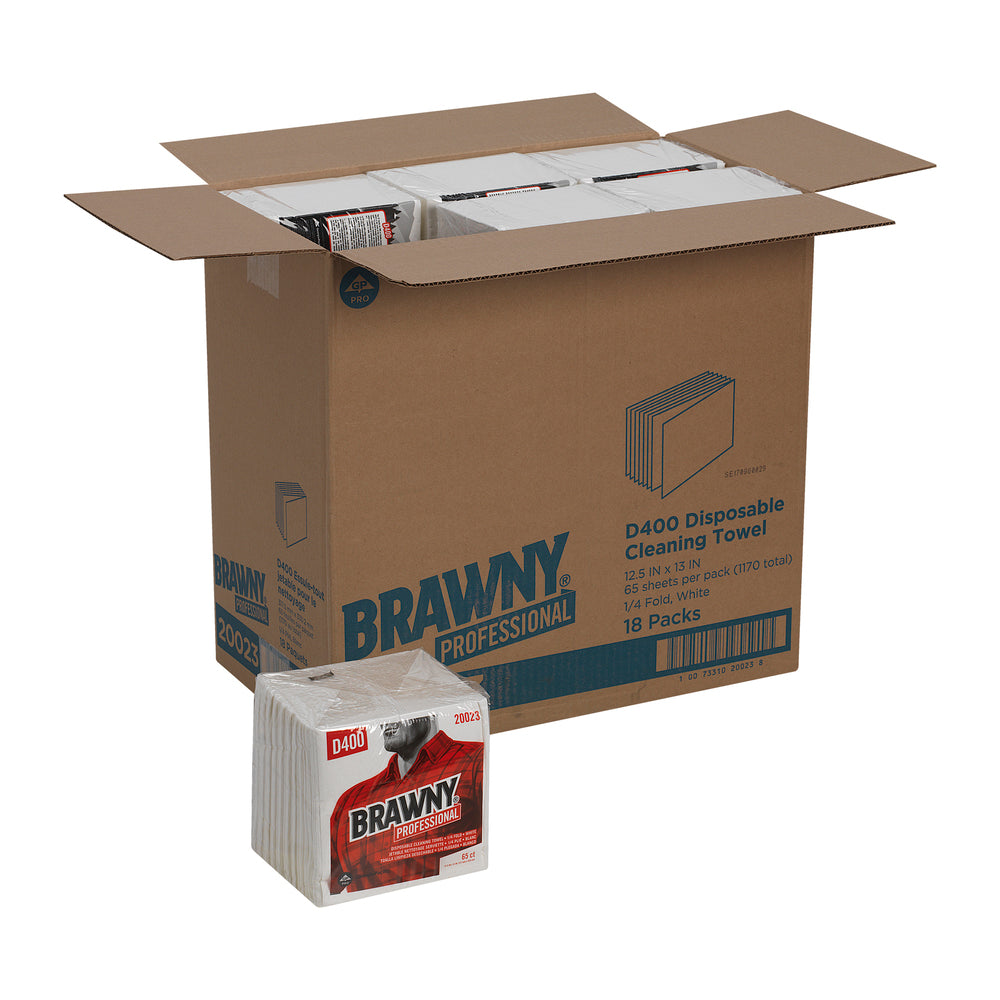 מגבות ניקוי חד פעמיות BRAWNY® PROFESSIONAL D400 מבית GP PRO (ג'ורג'יה פסיפיק), קיפול ¼, לבן, (18 חבילות של 65 מגבות סהכ 1170 מגבות)