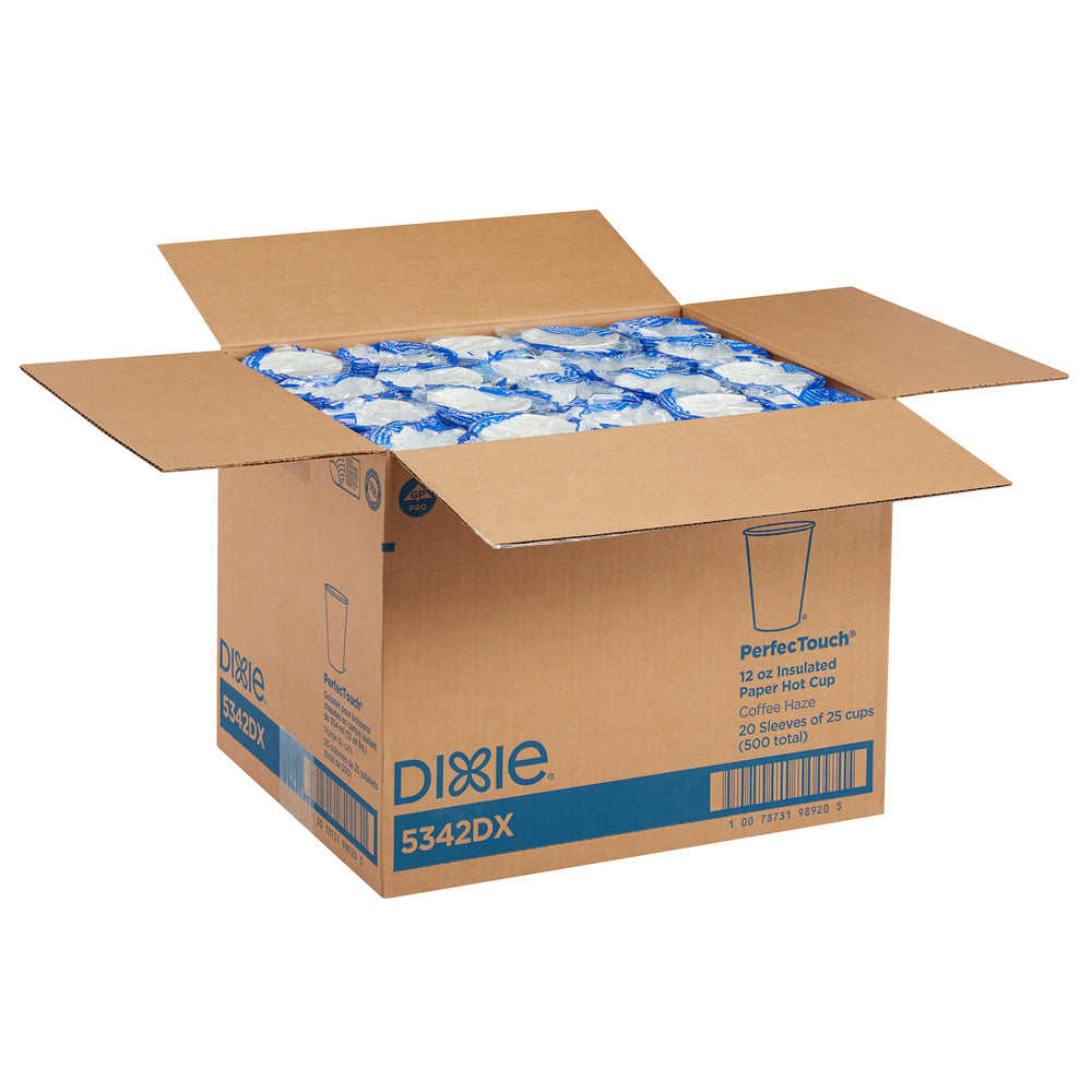 כוסות קפה חם מנייר מבודד DIXIE® PERFECTOUCH® 12 OZ מבית GP PRO (ג'ורג'יה פסיפיק), מתאימות למכסים גדולים, ערפל קפה, 500 כוסות לכל מארז