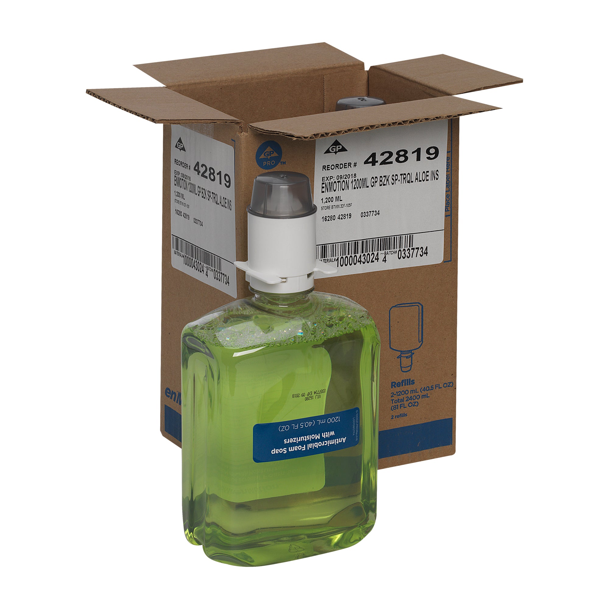 סבון קצף אנטי-מיקרוביאלי ENMOTION® GEN2 מבית GP PRO (ג'ורג'יה פסיפיק), בריח אלוורה מרגיעה, (2 בקבוקים של 1,200 mL סהכ 2,400 mL), 6,000 שימושים