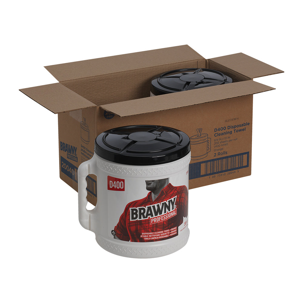 מגבות ניקוי חד פעמיות BRAWNY® PROFESSIONAL D400, גליל מרכזי עם דלי, כתום(2 דליים של 200 מגבות סהכ 400 מגבות)