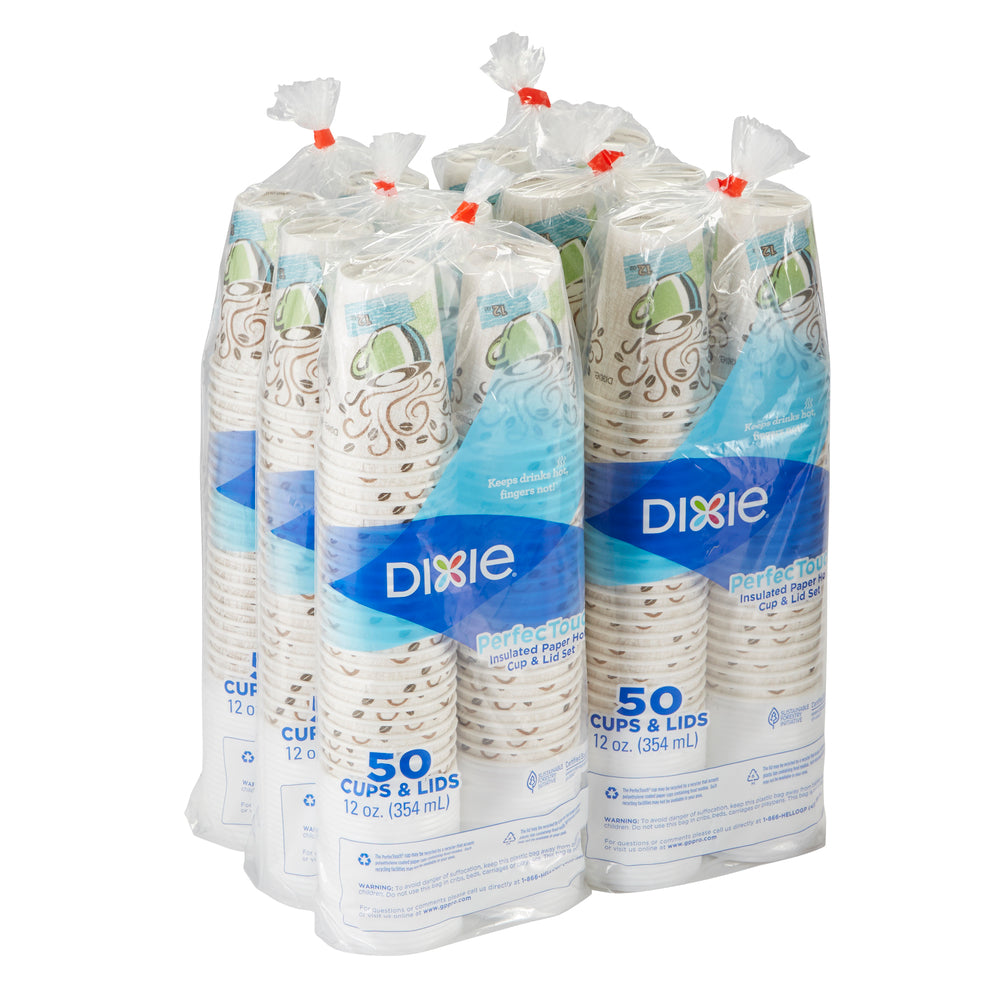 ערכות כוסות ומכסים קפה חם מנייר מבודד DIXIE® PERFECTOUCH® 12 OZ מבית GP PRO, קפה ערפל קפה, 300 כוסות ו -300 מכסים לכל מארז