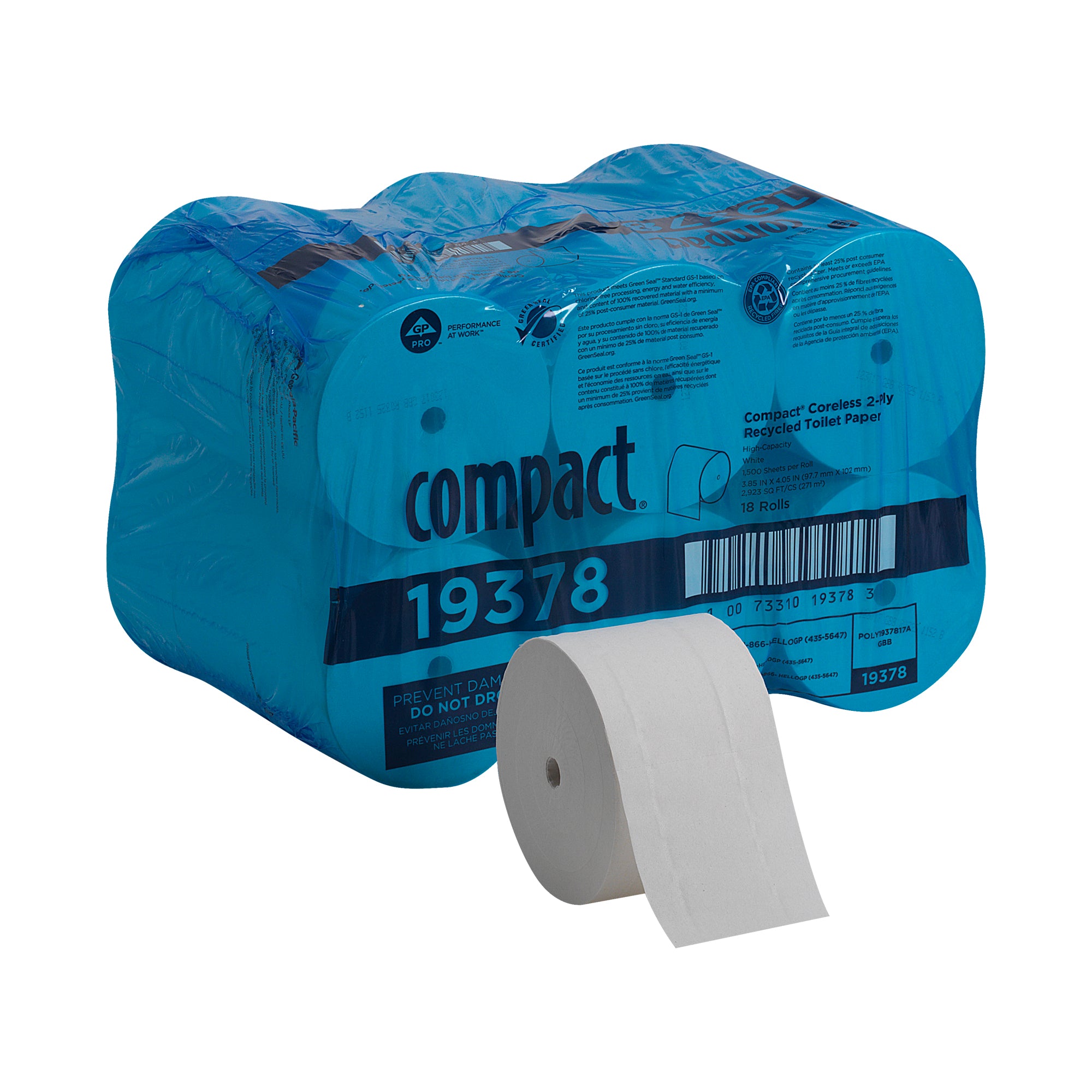 נייר טואלט ממוחזר דו-שכבתי Compact® ללא ליבות מבית GP PRO (ג'ורג'יה פסיפיק), (18 גלילים של 152.40 מטר סהכ 2743.20 מטר) 27000 גליונות למארז