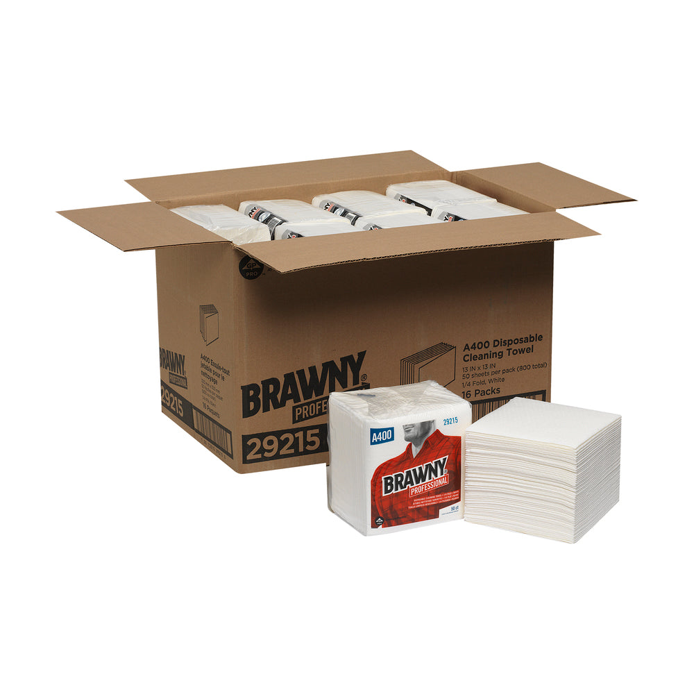 מגבות ניקוי חד פעמיות של BRAWNY® PROFESSIONAL A400 מבית GP PRO (ג'ורג'יה פסיפיק), קיפול ¼, לבן, (16 חבילות של 50 מגבות סהכ 800 מגבות)