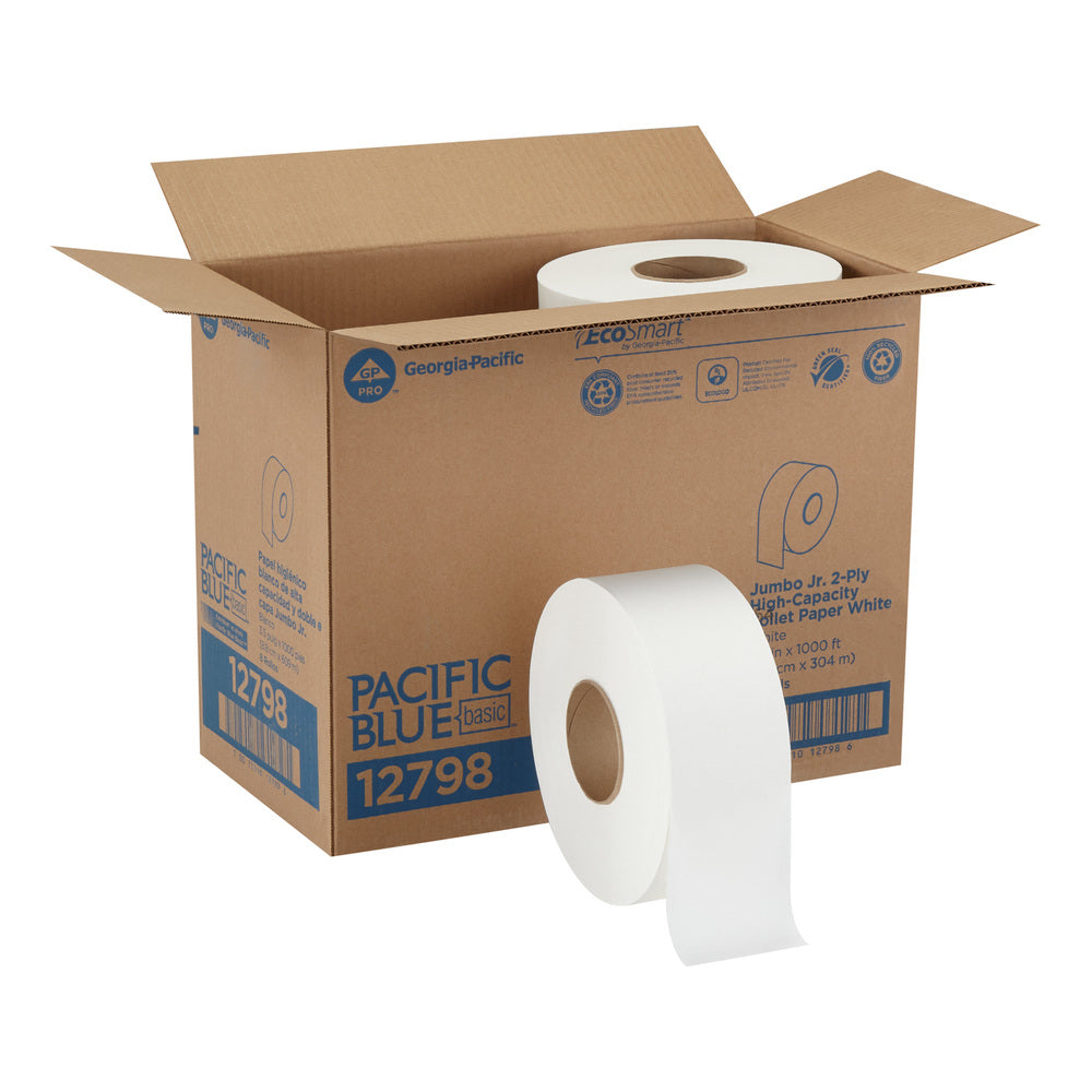 PACIFIC BLUE BASIC™ ג'מבו JR. נייר טואלט בעל קיבולת גבוהה דו-שכבתי, לבן, (8 גלילים של 304.80 מטרים סהכ 2,438.40 מטרים)