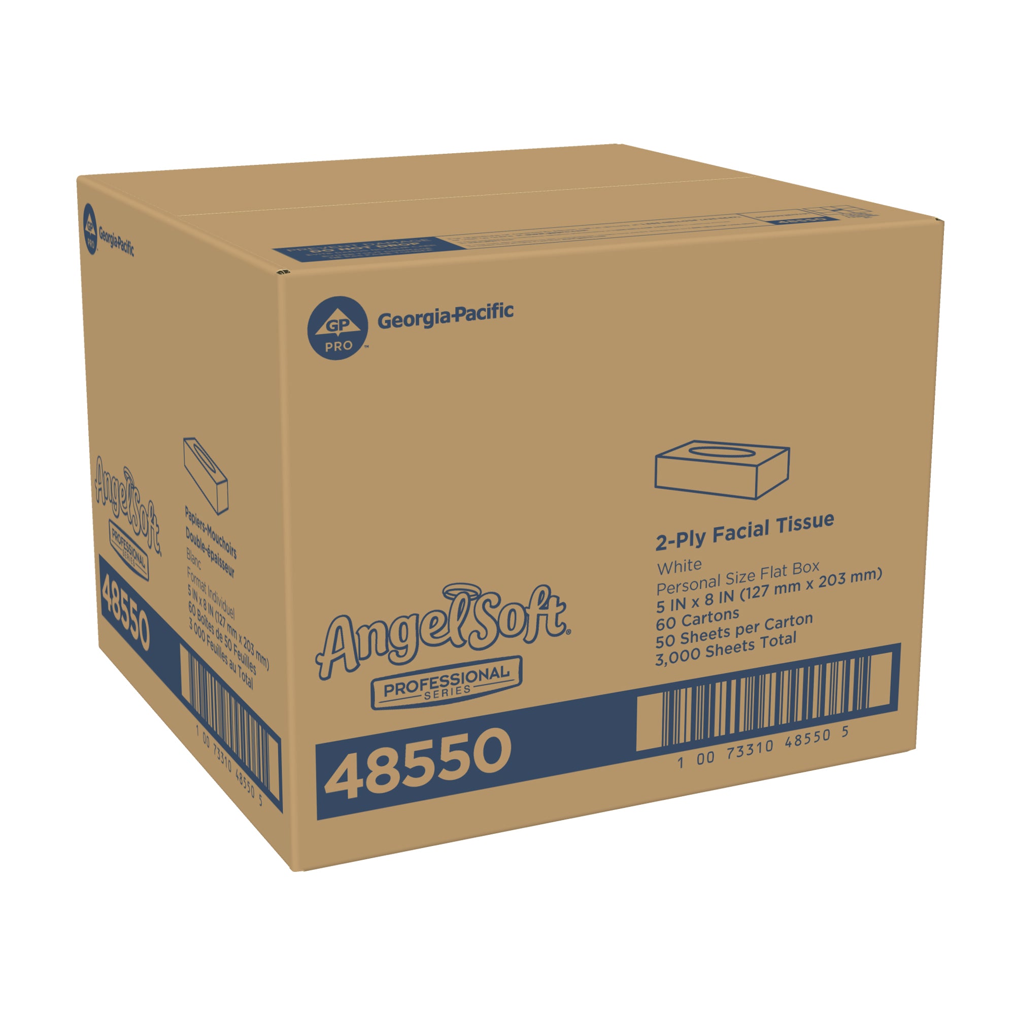 רקמת פנים דו-שכבתית מהסדרה המקצועית של ®Angel Soft Professional מאת GP PRO (ג'ורג'יה פסיפיק), קופסה שטוחה בגודל אישי, (60 קופסאות של 50 גליונות סהכ 3,000 גליונות)