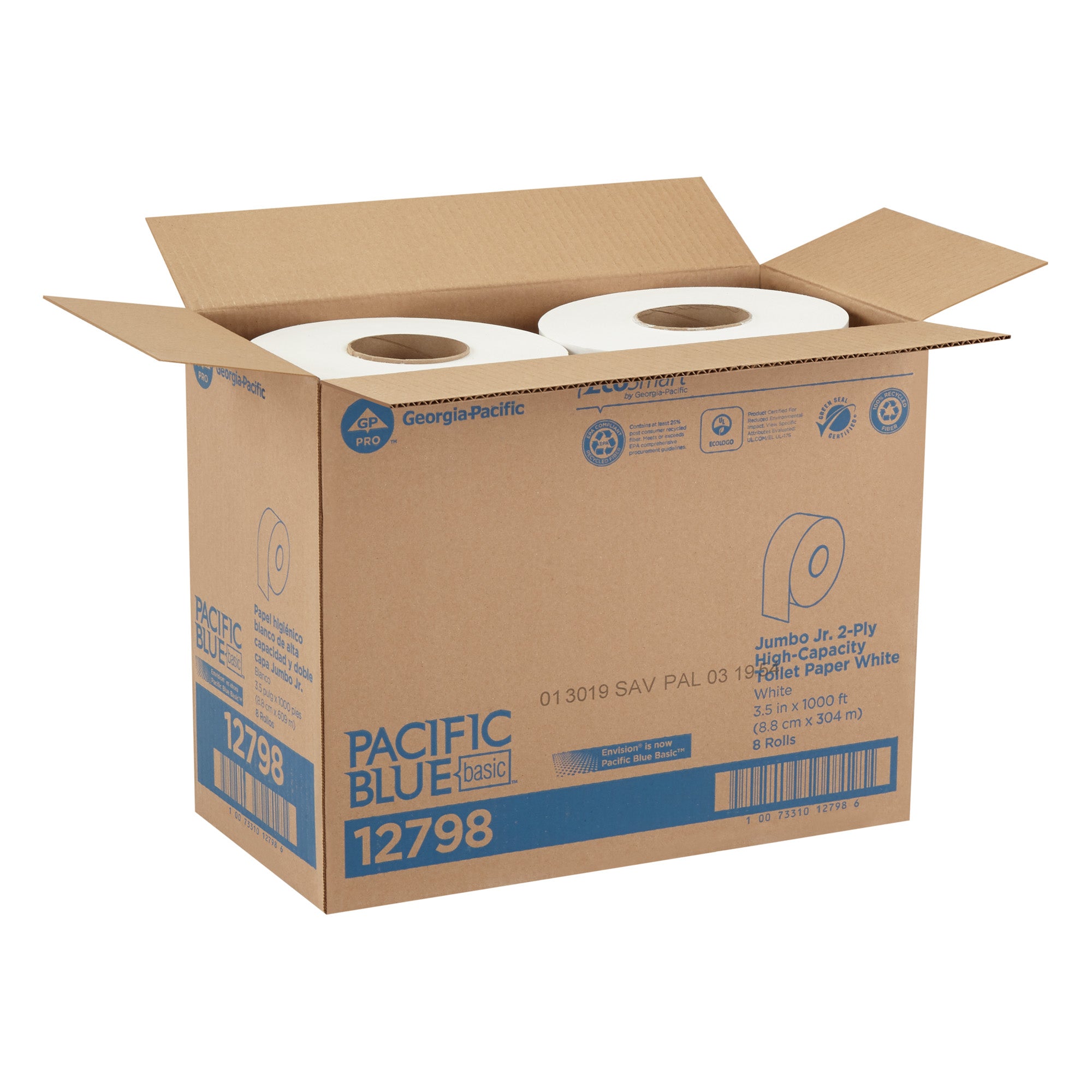 PACIFIC BLUE BASIC™ ג'מבו JR. נייר טואלט בעל קיבולת גבוהה דו-שכבתי, לבן, (8 גלילים של 304.80 מטרים סהכ 2,438.40 מטרים)