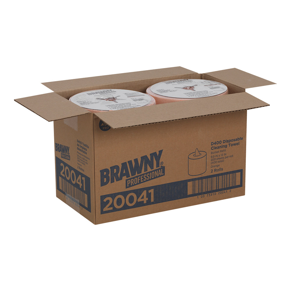 מגבות ניקוי חד פעמיות BRAWNY® PROFESSIONAL D400 מבית GP PRO, מילוי לדלי מרכזי 20040, כתום, (2 גלילים של 272.42 מטר סהכ 544.83 מטר) 400 מגבות למארז