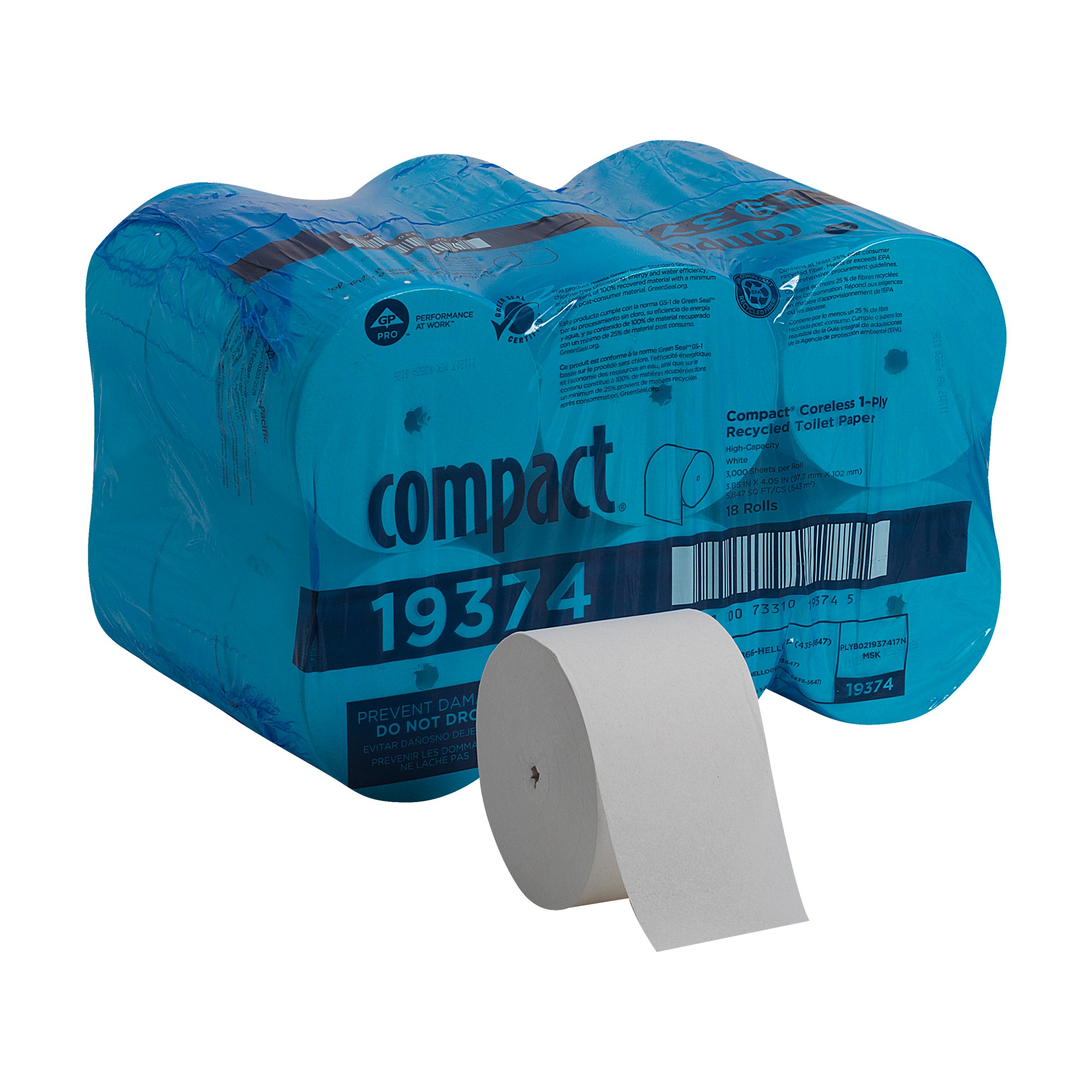 נייר טואלט ממוחזר חד שכבתי Compact® ללא ליבות, לבן, (18 גלילים של 304.80 מטרים סהכ 5486.40 מטרים) 54,000 גליונות למארז