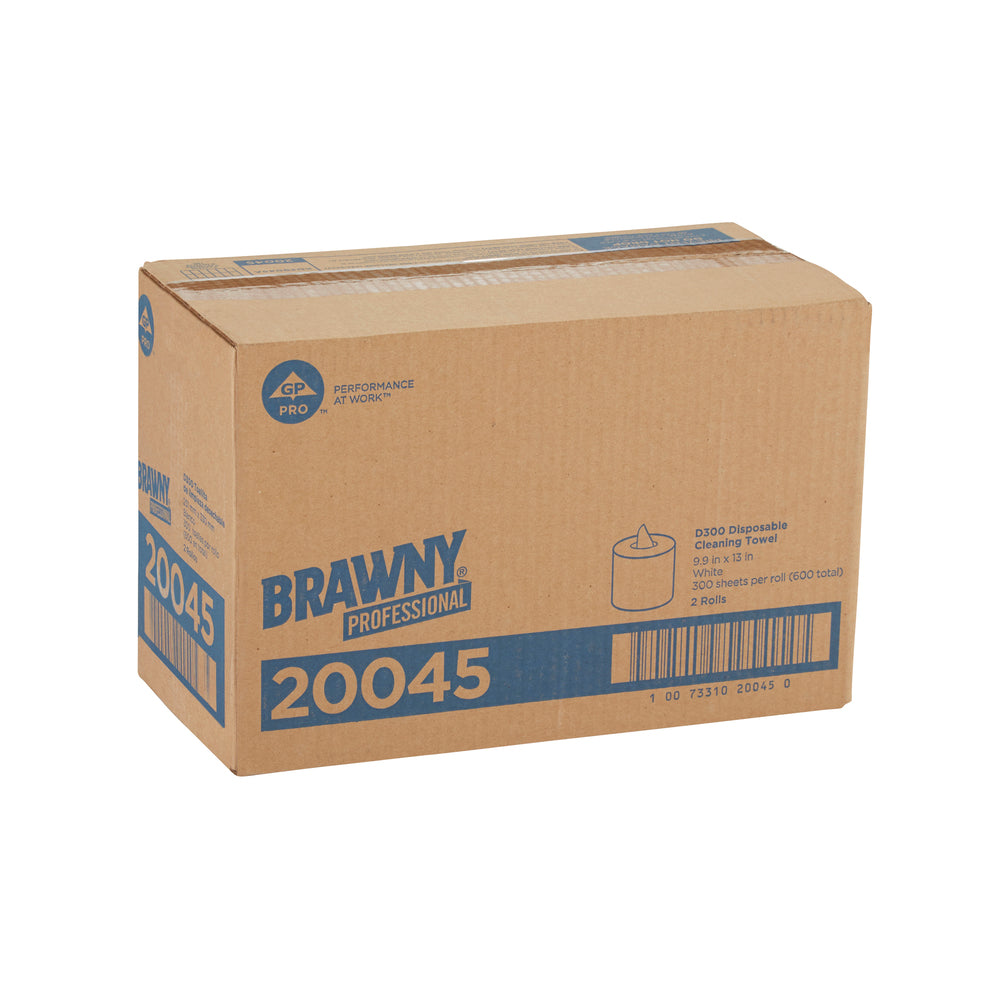 מגבות ניקוי חד פעמיות BRAWNY® PROFESSIONAL D300 מבית GP PRO, מילוי לדלי מרכזי 20040, לבן, (2 גלילים של 272.42 מטרים סהכ 544.83 מטרים) 600 מגבות למארז