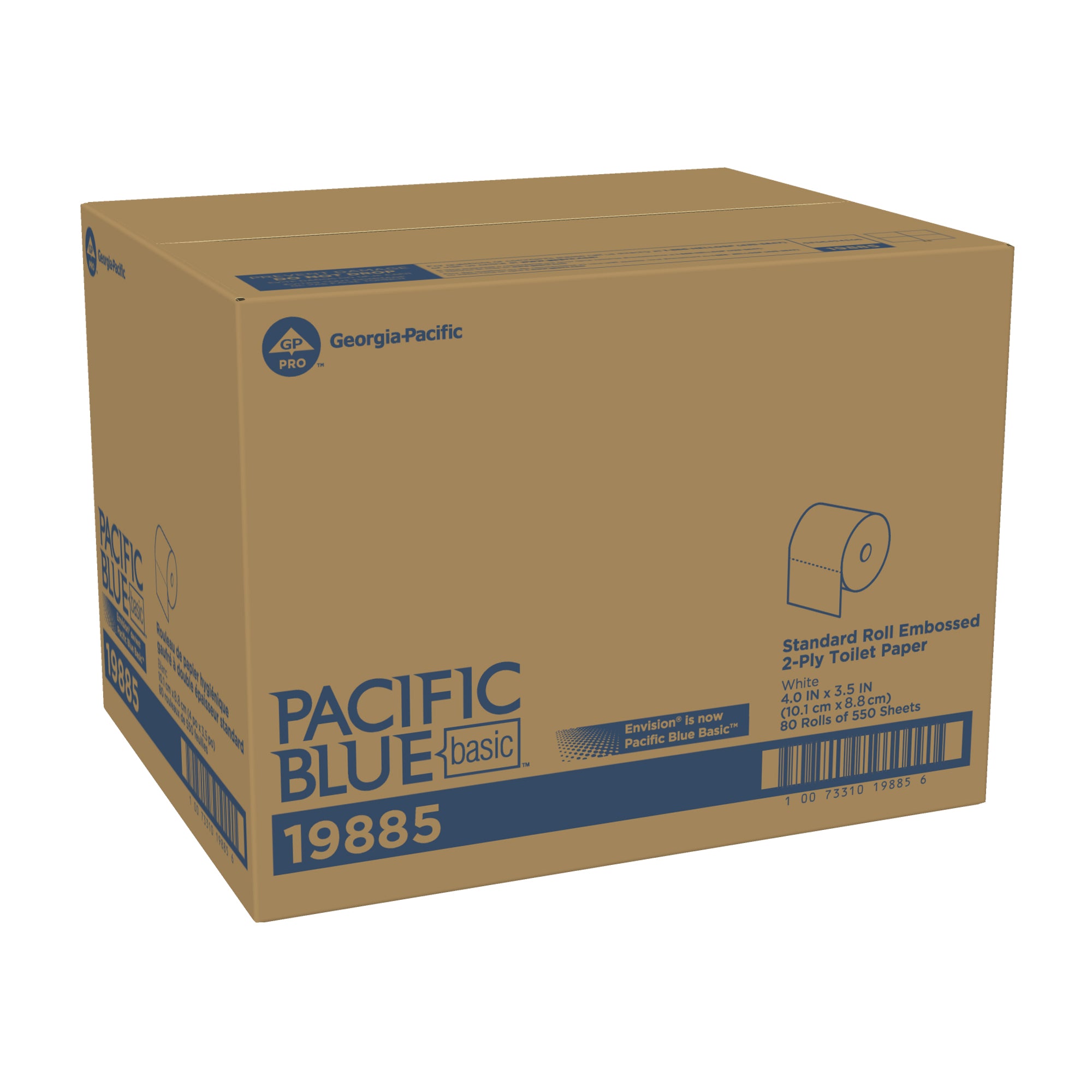 נייר טואלט דו-שכבתי עם גליל בסיסי PACIFIC BLUE BASIC™ מבית GP PRO (ג'ורג'יה פסיפיק), (80 גלילים של 48.77 מטרים סהכ 3901.44 מטרים) 44,000 גליונות למארז