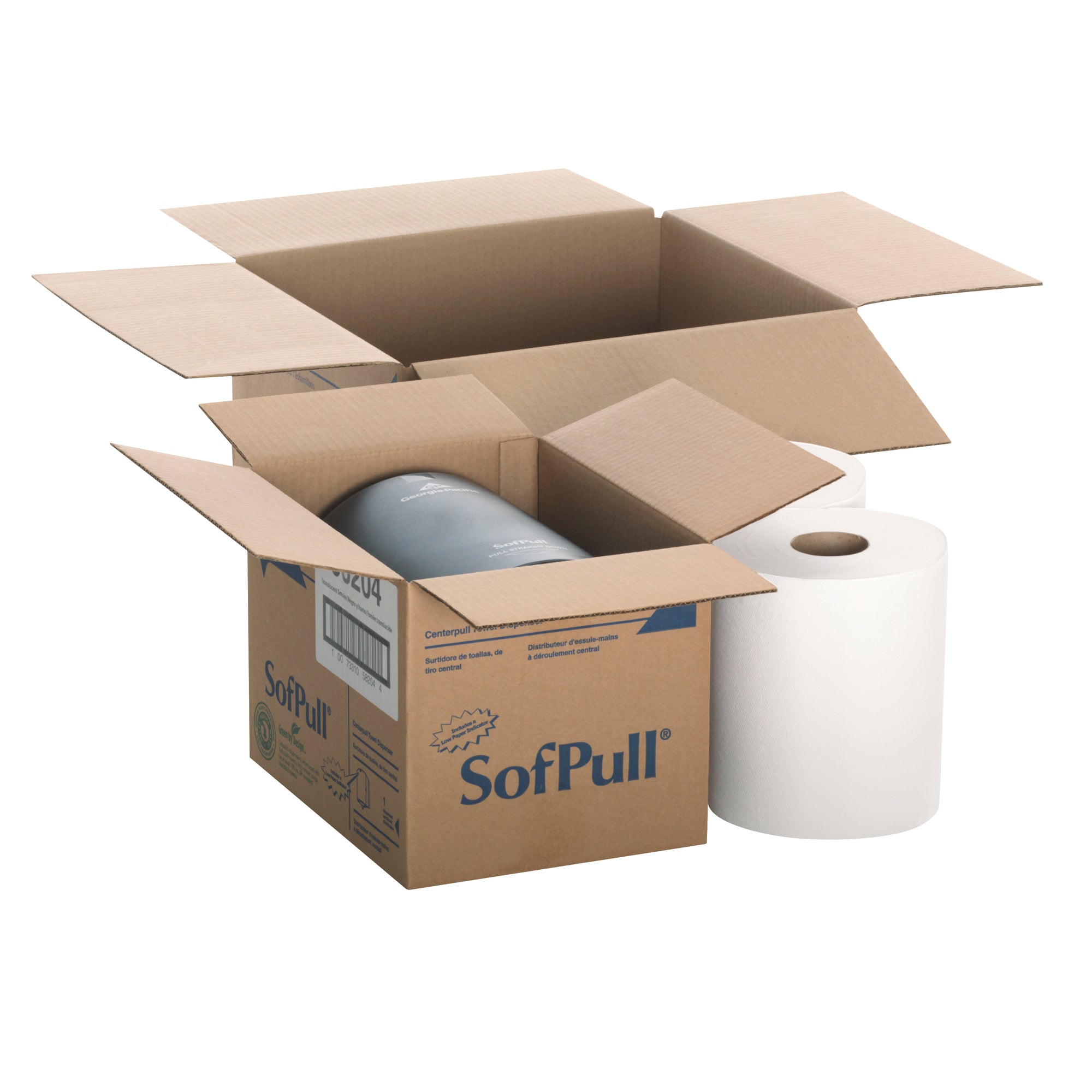 ערכת ניסיון של מתקן מגבות נייר בקיבולת רגילה של SOFPULL® CENTERPULL, מתקן אחד 58204 ושני גלילי מגבות נייר 28124