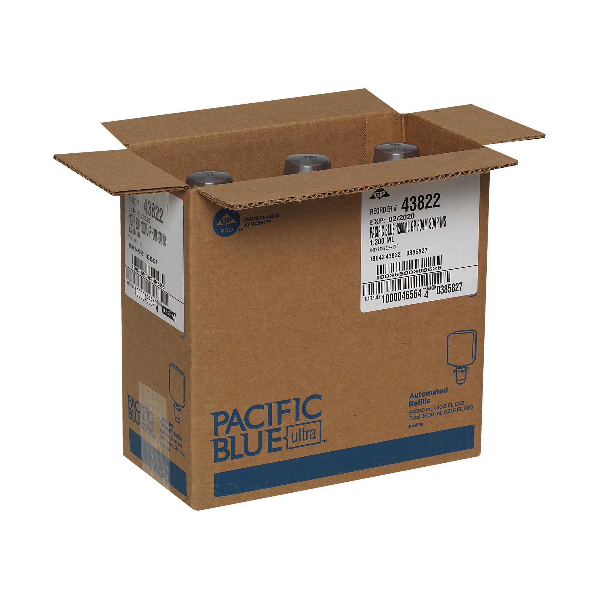 סבון קצף אנטי-מיקרוביאלי PACIFIC BLUE ULTRA™, נטול צבע וריח, (3 בקבוקים של 1,200 mL סהכ 3,600 mL), 9000 שימושים