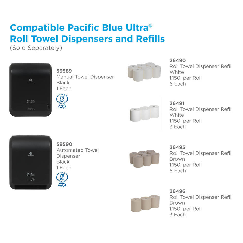 גלילי מגבת נייר ממוחזרים בעלי קיבולת גבוהה בגודל 8 אינץ' מסדרת Pacific Blue Ultra™ מבית GP PRO (ג'ורג'יה פסיפיק), לבן, (6 גלילים של 350.52 מטרים סהכ 2,103.12 מטרים)