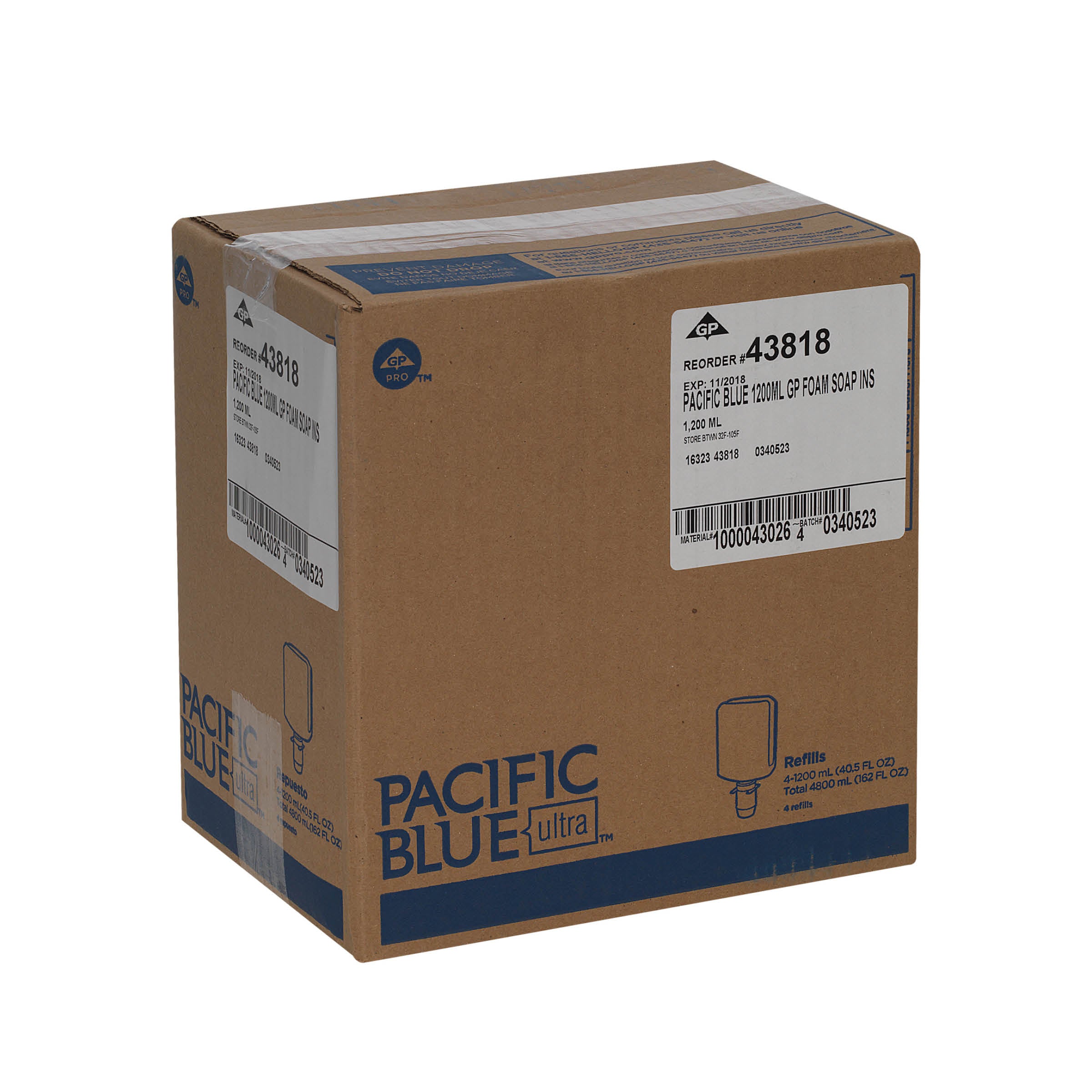 סבון ידיים מוקצף אנטי מיקרוביאלי PACIFIC BLUE ULTRA™ למתקנים ידניים מבית GP PRO, ללא צבע וניחוח, (4 בקבוקים של 1200 mL סהכ 4800 mL)