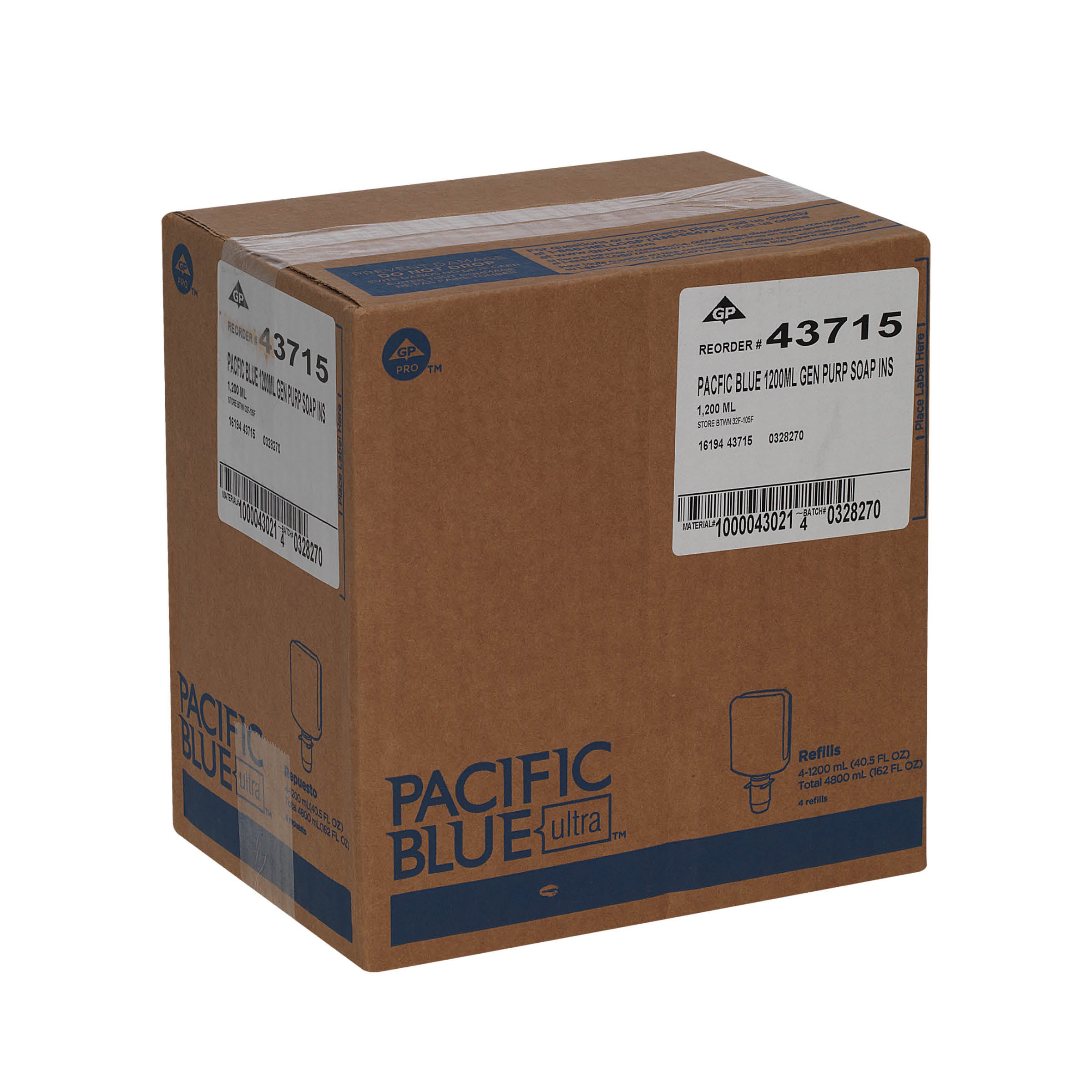 סבון ידיים מוקצף עדין PACIFIC BLUE ULTRA™ למתקנים ידניים מבית GP PRO (ג'ורג'יה פסיפיק), הדרים, (4 בקבוקים של 1,200 mL סהכ 4,800 mL)