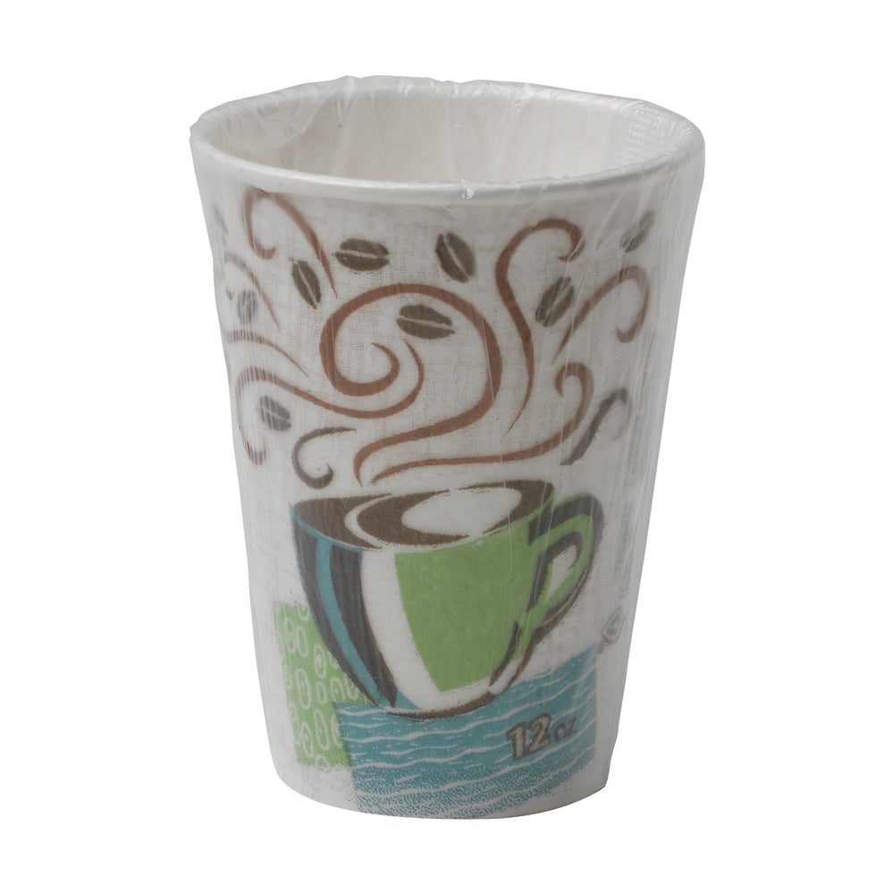 DIXIE® PERFECTOUCH® 12 OZ כוסות קפה חמות עטופות נייר מבודדות, מתאימות למכסים גדולים, עיצוב קפה, 1,000 כוסות/מארז